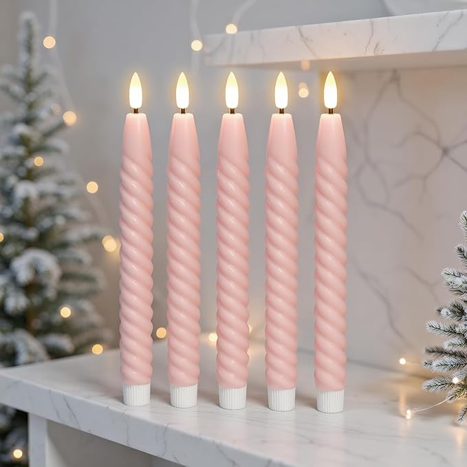 Pink Flameless Taper Candles Real Wax Flickering Pastel with Remote Timer, 3D Wick LED Spiral Candles Battery Operated 6 Pack 9.8 inch, Wedding Birthday Home Party Holiday Dinner Decor