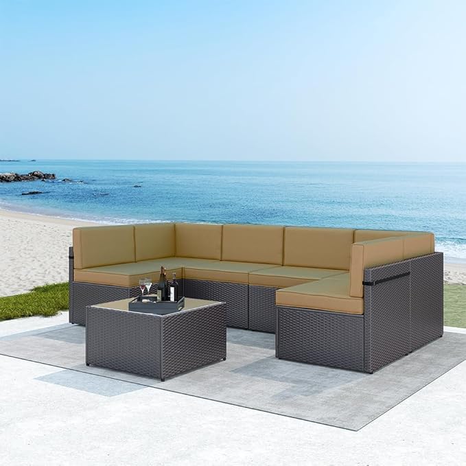 FIZZEEY 7 PCs Outdoor Patio Furniture PE Wicker Rattan Sectional Conversation Sofa Sets, Khaki