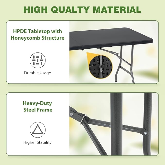 6FT White Folding Table, Portable Collapsible Dinner Table – Indoor/Outdoor Use for Camping, Patio, Yard, Wedding, Party & Cocktail Display, 500LBS (Black)