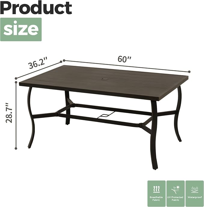 6-Person Outdoor Dining Table, Aluminum Rectangle Outdoor Dining Table with 2.2" Umbrella Hole, Rustproof Aluminum Patio Dining Table for 6, All-Weather for Garden Yard Poolside, Dark Brown