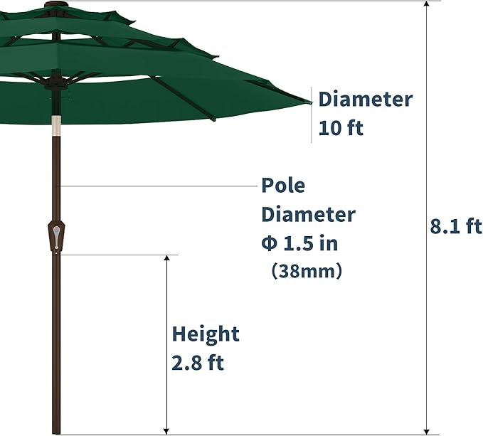 PatioKingdom 9ft 3-Tier Patio Market Umbrella with Crank/Tilt, Commercial Heavy Duty Wind Proof,Outdoor Table Umbrella with 8 Fiberglass Ribs,UPF50+ for Deck,Pool,Garden,Backyard (Dark Green)