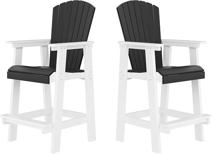 JUSTONE 5 Pcs Outdoor Patio Bar Stools Set, 4 Bar Stools and Table with Umbrella Hole, All-Weather Patio Bistro Set,Outdoor Bistro Set for Lawn Garden, Balcony,HDPE Material (5-Pcs, Grey and White)