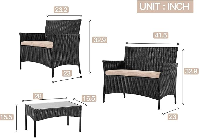 FDW Patio Furniture 4 Pieces Outdoor Indoor Use Rattan Chairs Wicker Conversation Sets for Backyard Lawn Porch Garden Balcony,Black