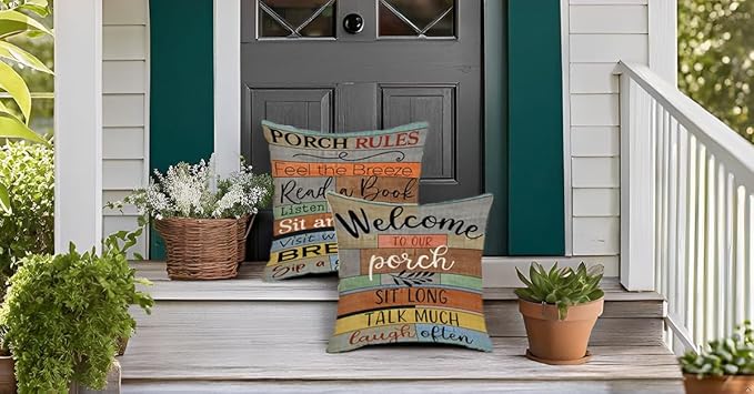 Jartinle Decorative Outdoor Pillow Covers Porch Rules Sign Farmhouse Throw Pillow Covers, Square Linen Patio Cushion Cases for Couch Bench Seat Chair Car 18x18 Inch