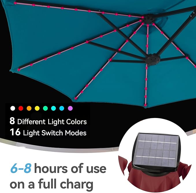 GREEN PARTY 13ft Outdoor Patio Umbrella with Solar Lights, 120 LED 12-Mode Large Double Sided Rectangular Table Umbrella, Heavy Duty Triple-Head Shade for Backyard Deck & Poolside, Cerulean(No Base)