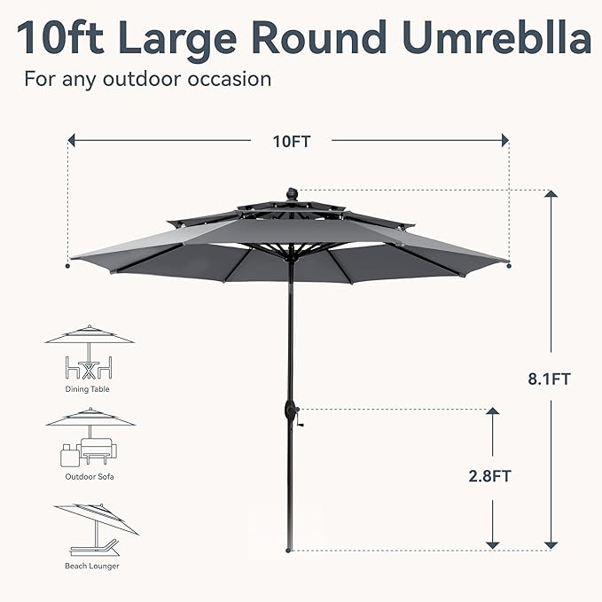 GREEN PARTY 10ft Outdoor Patio Umbrella, [Auto-Tilting] 3 Tiers Market Table Umbrellas with 1.5" Pole, 8 Sturdy Ribs, 3-Year-Non-Fading for Garden Deck Pool Backyard, Grey