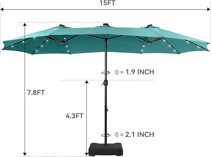 GREEN PARTY 15 ft Large Outdoor Patio Umbrella with Solar Led Lights & Base Included, Double-Sided Rectangular Table Umbrella with Stand, Market Umbrellas for Deck Poolside Garden Backyard, Turquoise