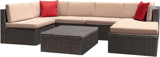 Devoko 7 Pieces Patio Furniture Sets All-Weather Outdoor Sectional Sofa Manual Weaving Wicker Rattan Patio Conversation Set with Cushion and Glass Table (Beige)