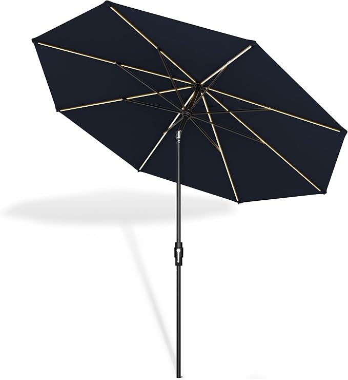 Midtown Umbrellas Led Swilt Sunbrella Umbrella 9 Ft Patio Umbrella With Sunbrella Canvas Natural Acrylic Fabric - Deck Patio Umbrella, Backyard Umbrella, Garden Umbrella & Pool Umbrella - Black Pole