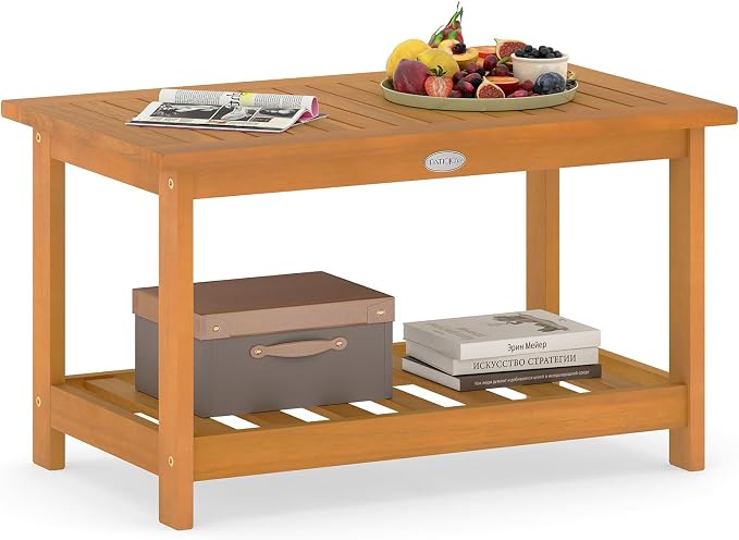 HAPPYGRILL Patio Acacia Wood Side Table with Storage Shelf, Outdoor Coffee Table for Garden, Balcony, Deck, Poolside