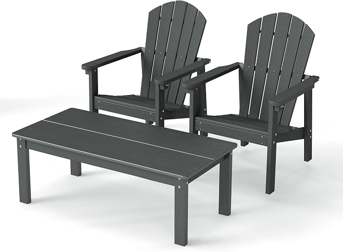 nevilywood 3-Piece HDPE Adirondack Chair Set, 2 Stackable Chairs Coffee Table, All-Weather Wood Grain, Patio Garden Backyard,Gray