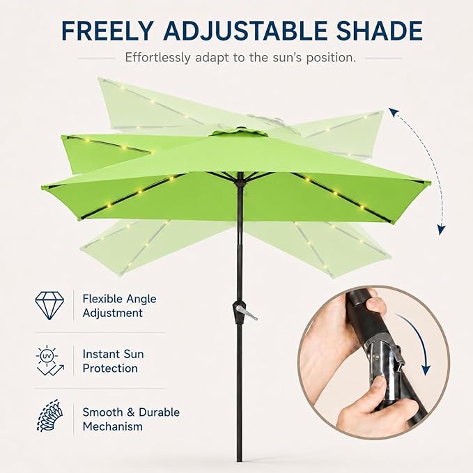 6.5 x 10ft Rectangular Patio Umbrella with Solar Lights, 16 LED Lighted Market Umbrella with Push-Button Tilt and Crank, 6 Sturdy Iron Ribs for Garden, Deck, Pool, Apple Green