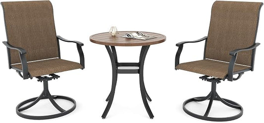 Anmutig 27.5 Inch Brown Top Outdoor Patio Round Table with Brown Yellow Textilene Swivel Rocking Chairs Set 2 - Style1