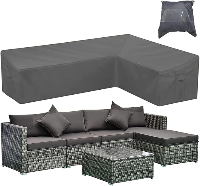 Patio Furniture Sectional Couch Sofa Cover Gray Weatherproof Heavy Duty 420D Oxford Outdoor L Shaped Sectional Garden Rattan Corner Sofa Furniture Protector Covers (Left Side Long: 105x78in)