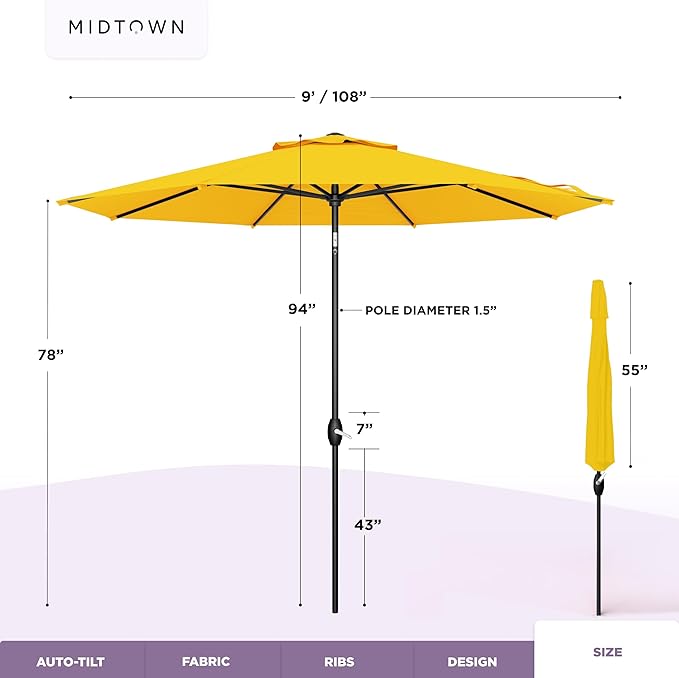 Midtown Umbrellas – The Lean 9 Ft Patio Umbrella with 10-Year-No-Fade Acrylast Acrylic Fabric, Auto-Tilt and 8 Reinforced Ribs for Deck, Pool, Garden, Hotel & Cafes – Studio Yellow Canopy, Black Pole