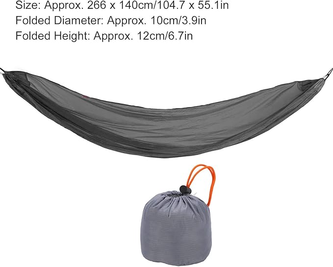 Portable Parachute Camping Hammock, Lightweight Outdoor Hammock with Aluminum Snap Hooks and Storage Bag for Hiking, Travel, and Picnics, 200kg Load Capacity (Grey)