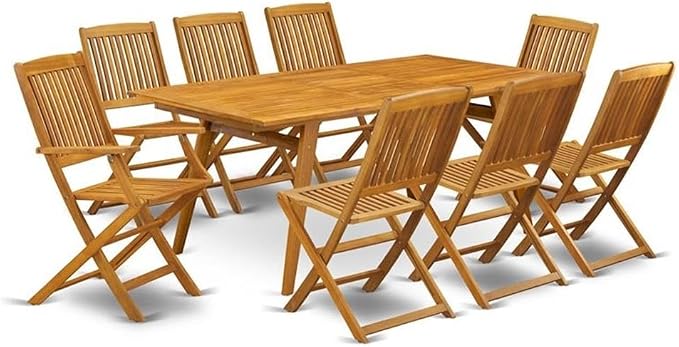Pemberly Row Traditional 9-Piece Wood Outdoor Patio Dining Set, Natural Oil Finish, Rubber Wood, Includes Rectangular Table & 8 Chairs, Slatted Back Design, Durable for Backyard or Grass Areas