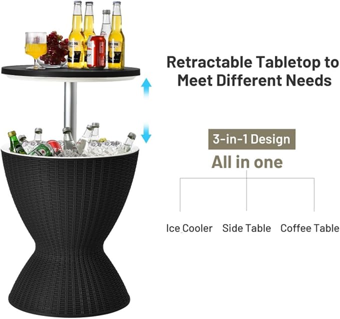 Black Side Table Outdoor Ice Cooler Side Table, 8 Gallon 2-Height Adjustable Portable Beverage Cooler, All-Weather Patio and Beach Party Drink Table, Patio Furniture Cooler Tables for Backyard Parties