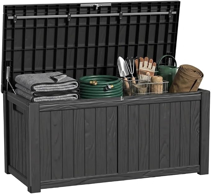 150 Gallon Outdoor Deck Box, Lockable Waterproof Outdoor Storage Boxes For Garden Tools,Indoor Cushions,Accessories Outside Storage Resin Weatherproof Container(Black)