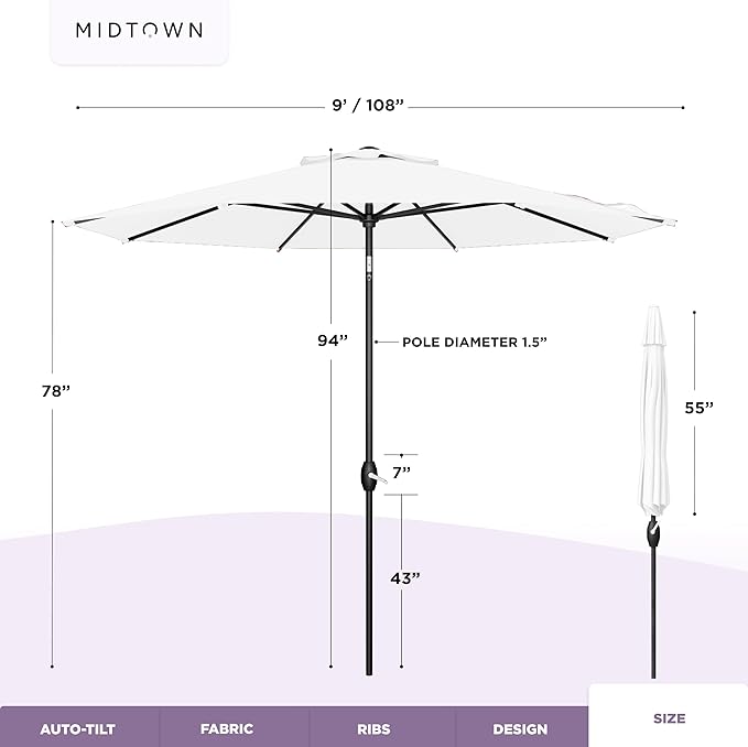 Midtown Umbrellas - 10-Year-No-Fade 9 Ft Patio Umbrella with Terylast Fabric, Auto-Tilt Aluminum Frame and 8 Reinforced Ribs for Deck, Pool, Garden & Beach - Ivory White Canopy, Black Pole