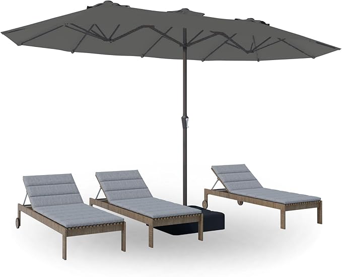 PatioKingdom 15FT Large Patio Umbrella with Base, Double Sided Rectangular Outdoor Umbrella with Sturdy Fiberglass Ribs, Market Umbrella for Pool,Garden,Backyard,Deck (Gray, 15FT)
