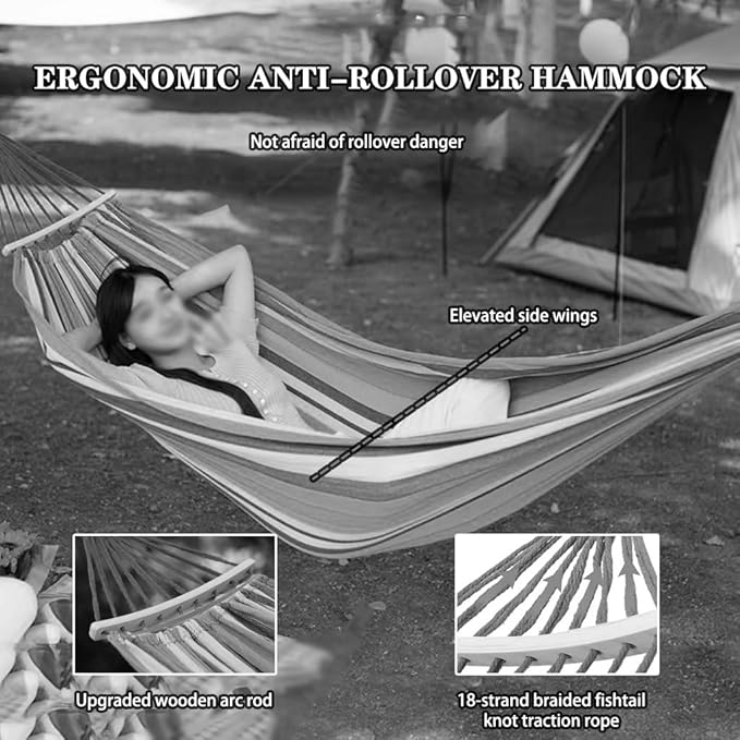 Outdoor Anti-Rollover Double Hammock, Portable Canvas Swing for Beach, Camping Equipment with Storage Bag, Load Bearing 300kg/661.4lbs(Blue-White)