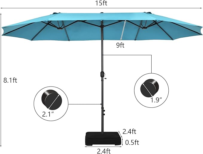 Tangkula 15FT Double-Sided Patio Umbrella, Outdoor Ultra-Large Twin Market Garden Umbrella W/Hand-Crank & Enhanced Base, for Residential & Commercial Use (Turquoise)