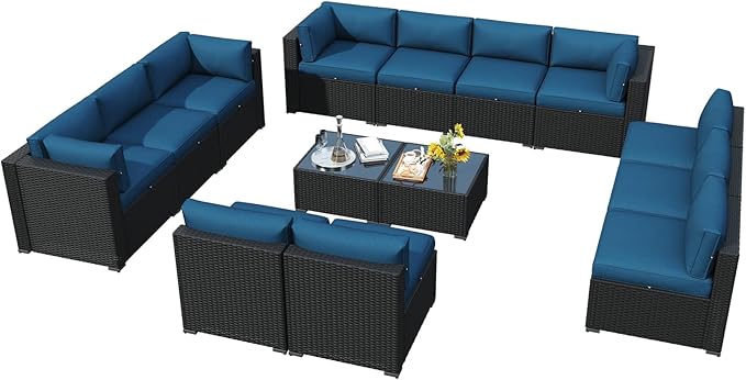 LazySunsets 14 Piece Outdoor Patio Furniture Set with Coffee Table, Outdoor Patio Furniture Set with Waterproof Cover, Wicker Rattan Outdoor Conversation Set for Backyard & Garden, Peacock Blue