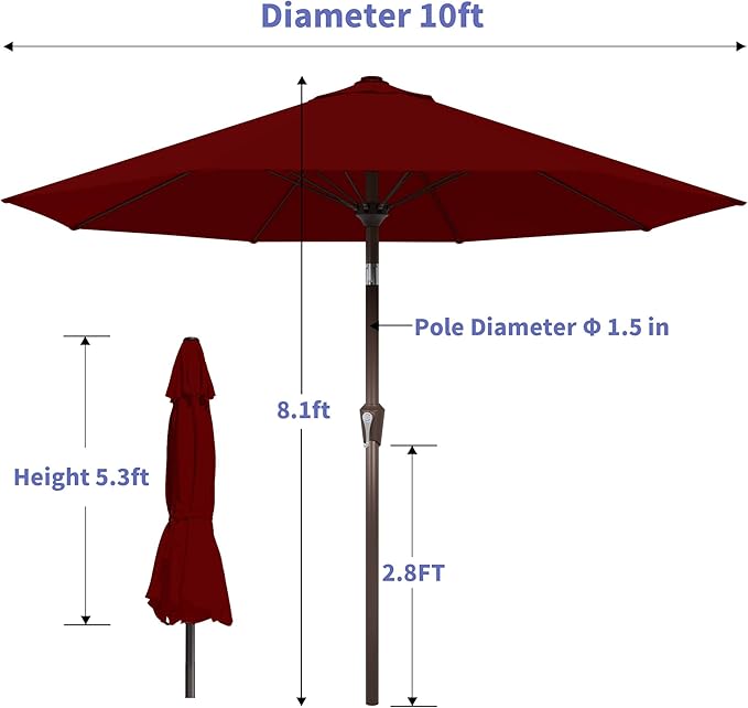 Kingdura 10FT Outdoor Patio Umbrella, Market Table Umbrella with Push Button Tilt and Crank, 8 Sturdy Fiberglass Ribs, UV Protection for Pool, Lawn, Deck, Backyard, Garden (Dark red)