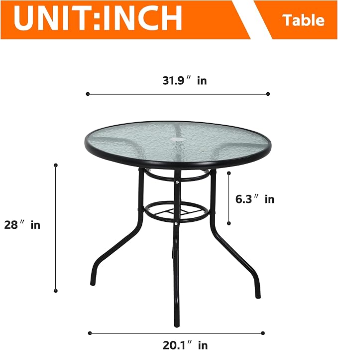 Round Outdoor Table Patio Table with with Umbrella Hole, 32 Inch Tempered Glass Outdoor Dining Tables Deck Table Bistro Table, All Weather Umbrella Table Outdoor Tables for Pool, Lawn, Balcony