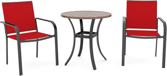 Anmutig Outdoor Bistro Set for 2, Stackable Chairs & Metal Table, Red | Weather-Resistant Textilene, Black Powder-Coated Steel Frame, Storage Shelf, Easy Assembly, Balcony, Deck, Poolside Use