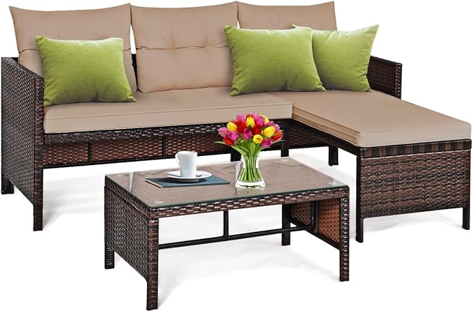 DORTALA 3 Piece Wicker Patio Furniture Set, PE Rattan Outdoor Sectional Sofa Conversation Set with Loveseat, Lounge and Tempered Glass Coffee Table for Garden Lawn Deck (Brown)
