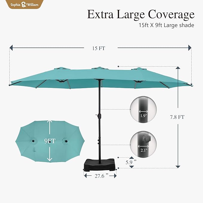 Sophia & William 15 ft Extra Large Patio Umbrella with Base Included, Rectangular Outdoor Umbrella Heavy Duty, Market Umbrella Double-sided Fade Resistant for Pool Garden Backyard, Turquoise