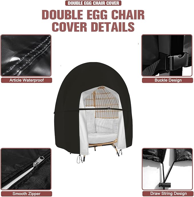 Double Egg Chair Cover Waterproof Patio Hanging Extra Large Zipper Heavy Duty Swing Outdoor Wicker Furniture Person Egg Chair Covers Windproof Anti-UV Dustproof 91x80 Inch Black