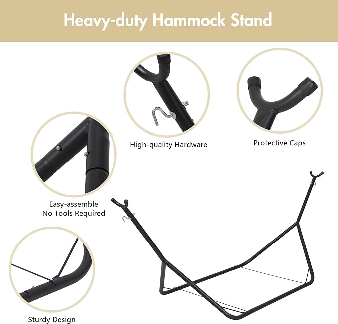 ANOW Outdoor Hammock with Stand Included, Space Saving Heavy-Duty Hammock Stand with Adjustable Height, 475 Lbs Capacity, Cream with Tassels