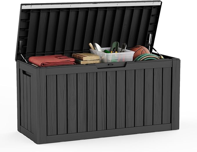 LAUSAINT HOME 90 Gallon Resin Deck Box, Package Delivery Box with Lockable Lid, Waterproof Outdoor Storage Box For Garden Tools, Patio Cushions(90 Gallon,Black)