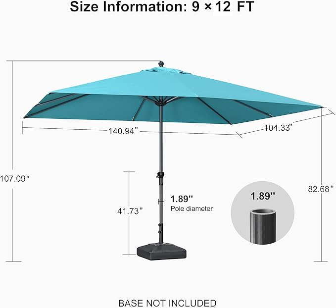 PURPLE LEAF 12' x 9' Patio Market Umbrella Outdoor Table Sun Umbrellas with Crank 8 Aluminum Sturdy Ribs for Pool Deck Backyard Beach Turquoise Blue