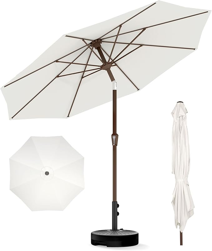 BRIOPAWS 9FT Patio Umbrella with Base Included | Outdoor Table Umbrellas | Push Button Tilt & Crank | 8 Sturdy Fiberglass Ribs | Waterproof | Heavy Duty for Garden Lawn DeckBackyard & Pool
