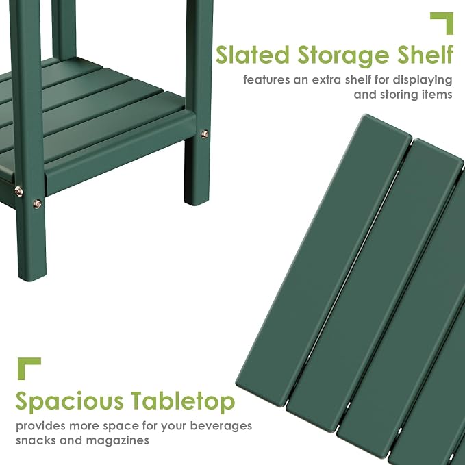 GREENVINES Adirondack-Outdoor-Side-Table | 14 x 13 Inches | HDPE Plastic | All Weather | Forest Green | Outside End Tables | Storage Shelf | for Patio Porch Backyard Indoor