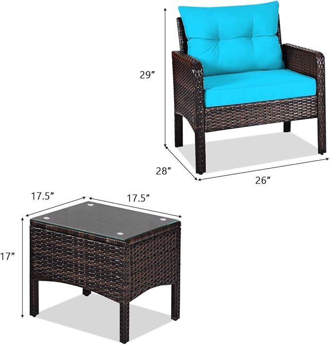 ORALNER 3-Piece Patio Conversation Set, All-Weather Wicker Sofa Chair and Coffee Table Set with Thick Cushions, Outdoor Furniture, Rattan Bistro Set for Balcony Deck Porch Poolside Garden (Turquoise)