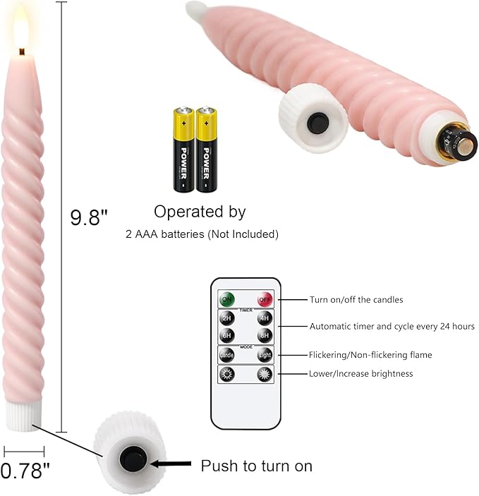 Pink Flameless Taper Candles Real Wax Flickering Pastel with Remote Timer, 3D Wick LED Spiral Candles Battery Operated 6 Pack 9.8 inch, Wedding Birthday Home Party Holiday Dinner Decor