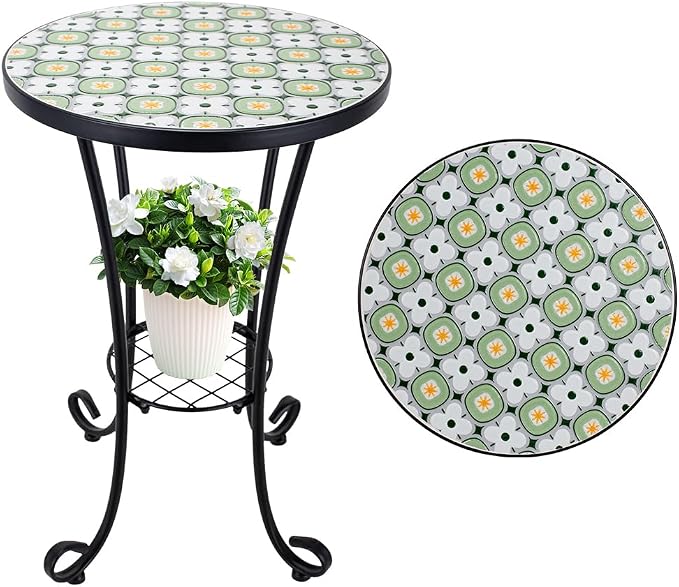 14 Inch Mosaic Patio Side Table with Scroll Legs, Indoor Outdoor Accent Round End Table with Ceramic Tile Tops for Yard, Garden, Living Room, Bistro, B - Granny Square