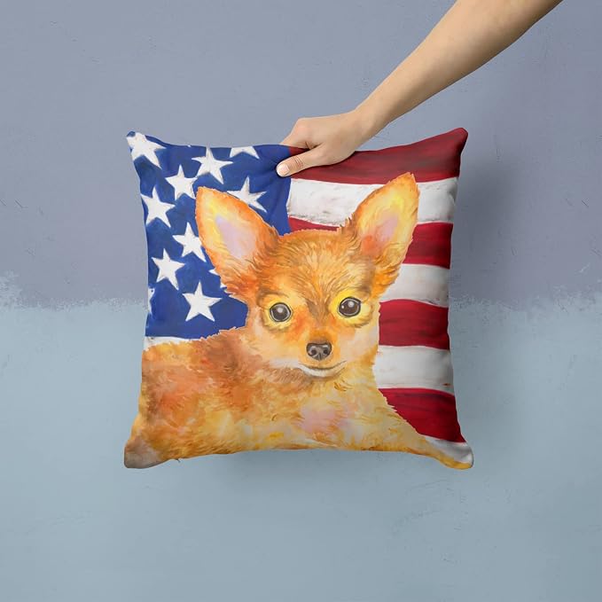 Caroline's Treasures BB9722PW1414 Toy Terrier Patriotic Fabric Decorative Pillow Machine Washable, Indoor Outdoor Decorative Pillow for Couch, Bed or Patio, 14Hx14W