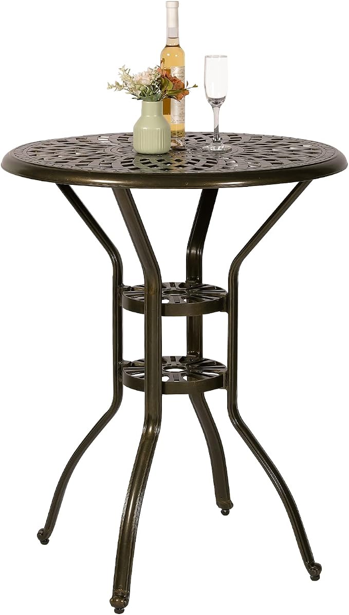 VIVIJASON 31" Patio Height Bar Table, All-Weather Cast Aluminum Bar Bistro Table Outdoor Patio Round Dining Table with Umbrella Hole for Balcony, Lawn, Garden, Backyard, Antique Bronze