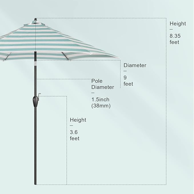 Tempera Striped Patio Umbrellas Outdoor Table Market Umbrellas with Crank & Pust Button Tilt|Auto-Tilt, 8 Steel Ribs, High Color-Fastness Canopy