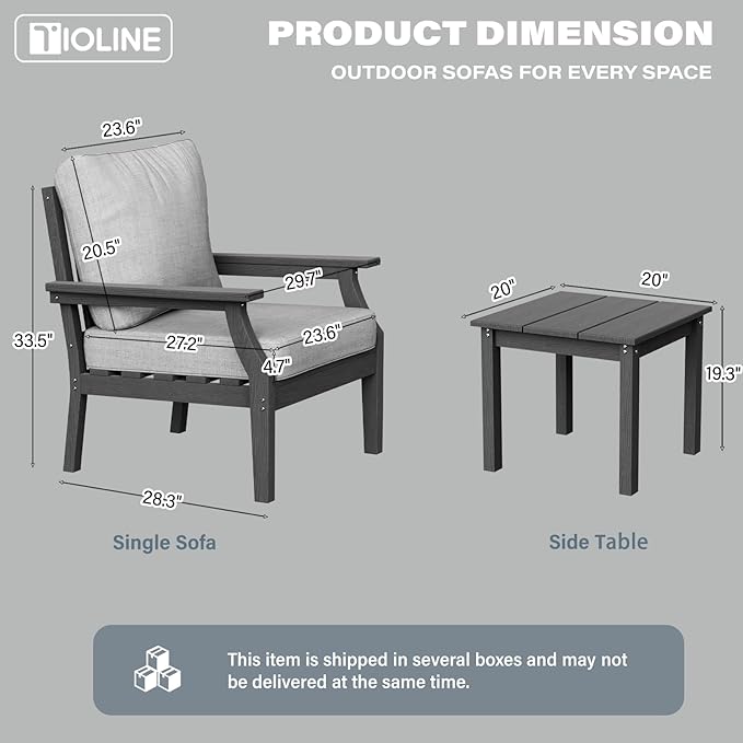 HDPE Patio Conversation Set, 3-Piece All Weather Outdoor Furniture Set with 2 Single Sofas for Deck, Lawn, with Cushion, Gray