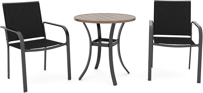 Anmutig Outdoor Bistro Set for 2, Stackable Chairs & Metal Table, Black | Weather-Resistant Textilene, Black Powder-Coated Steel Frame, Storage Shelf, Easy Assembly, Balcony, Deck, Poolside Use