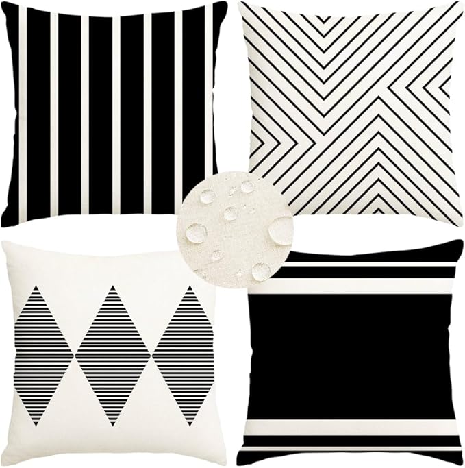 Outdoor Pillows Covers 18x18 Waterproof,Black and Beige Set of 4(No Insert) | for Covered Patio Furniture Couch Sunbrella,No Insert Just Covers,Durable Polyester,Fit 18x18 inch Inserts or Smaller,Boho