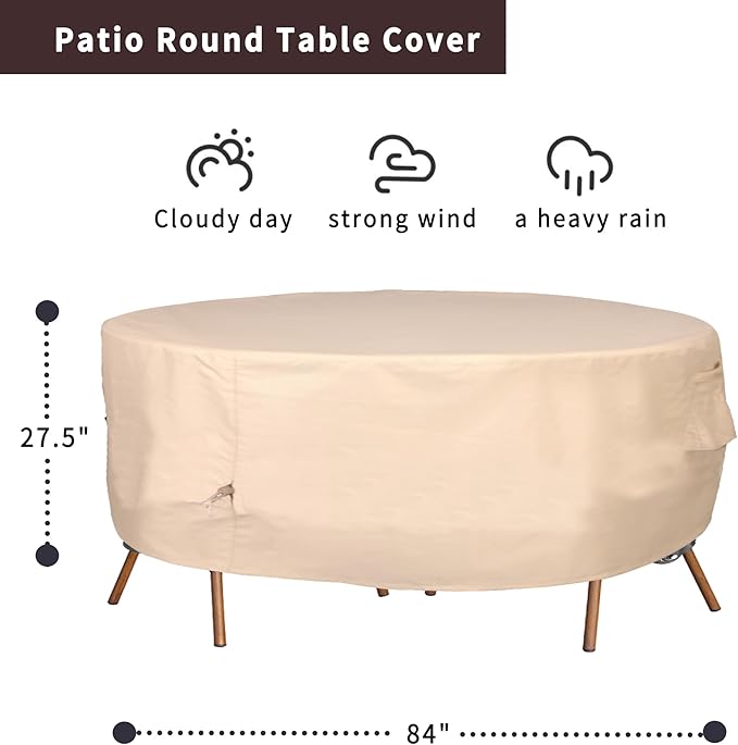 Round Patio Furniture Cover, Heavy Duty and Waterproof for Outdoor Furniture covers, Round outdoor table cover, Patio table cover 84"DIA x 27.5"H Beige