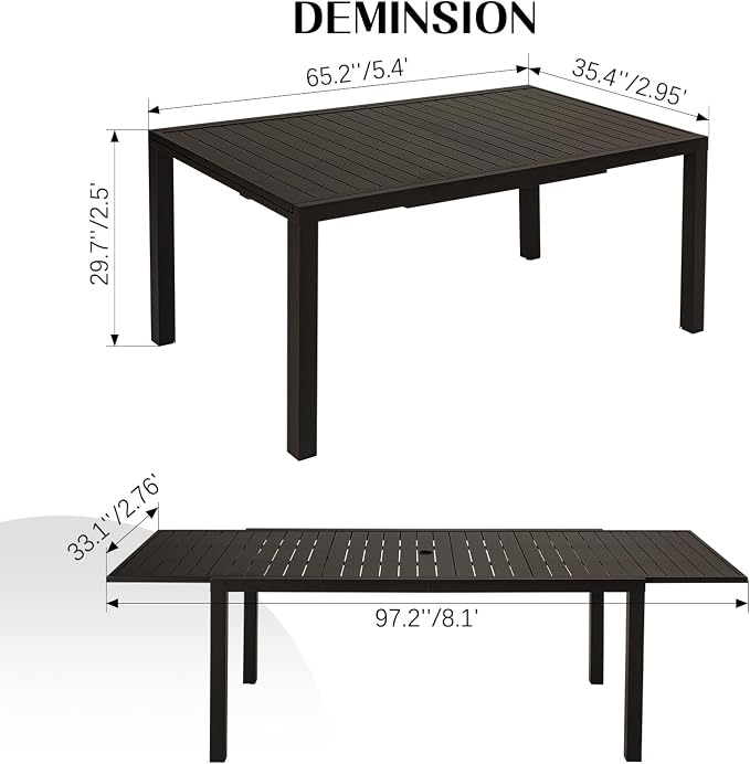 Domi Outdoor Expandable Dining Table for 6-8, Aluminum Extendable Dining Table 65"-97" with Umbrella Hole, Metal Outdoor Patio Table Rectangle for Backyard Garden
